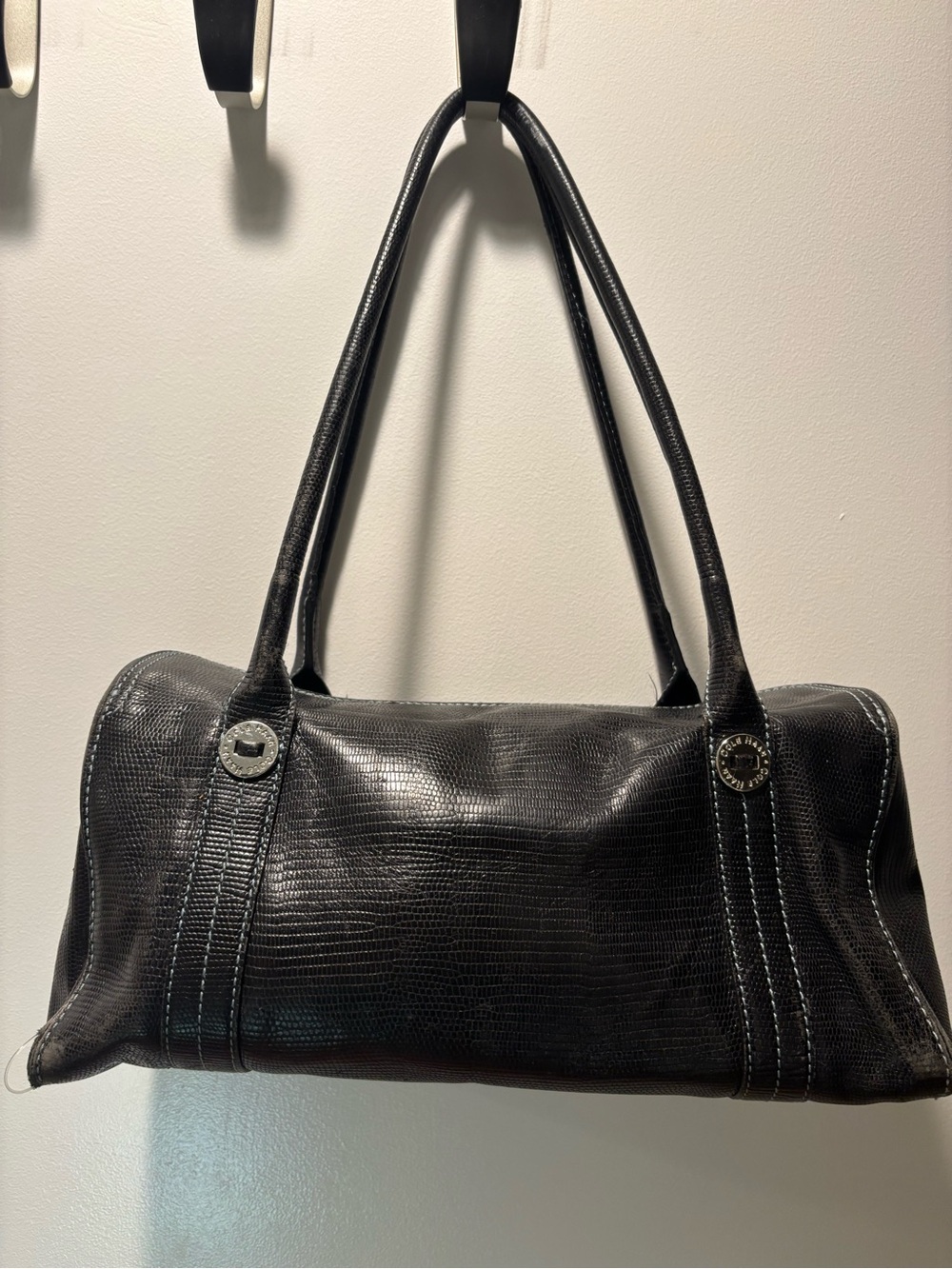 Classic Cole Haan Black Textured Shoulder Satchel with Logo Accents